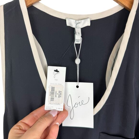 Joie NWT Peri Caviar Black 100% Silk White Trim Racerback Sleeveless Mini Dress - Picture 8 of 11